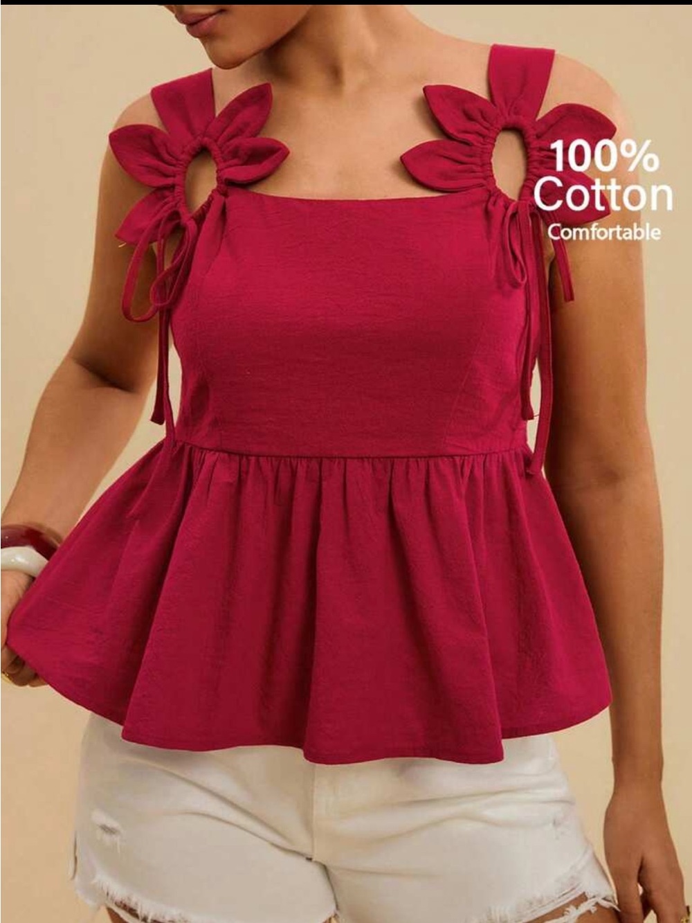 Classic Plus Size 3D Floral Tie-Shoulder Peplum Top Blouse Shirt - Red